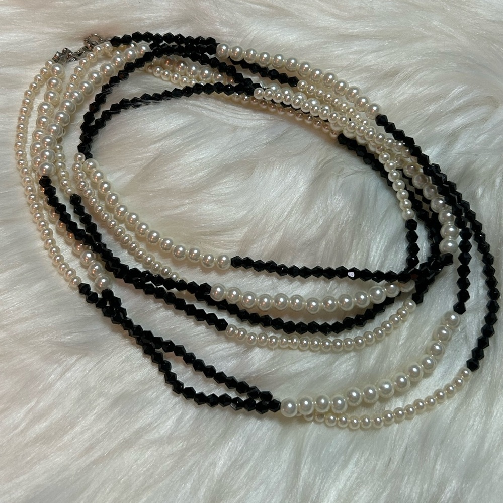 Long Faux Pearl & Black Bead Necklace
